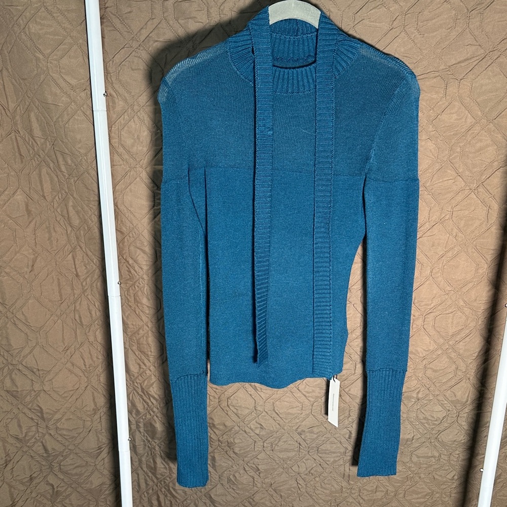 Commense Teal Tie-Neck Turtleneck Sweater